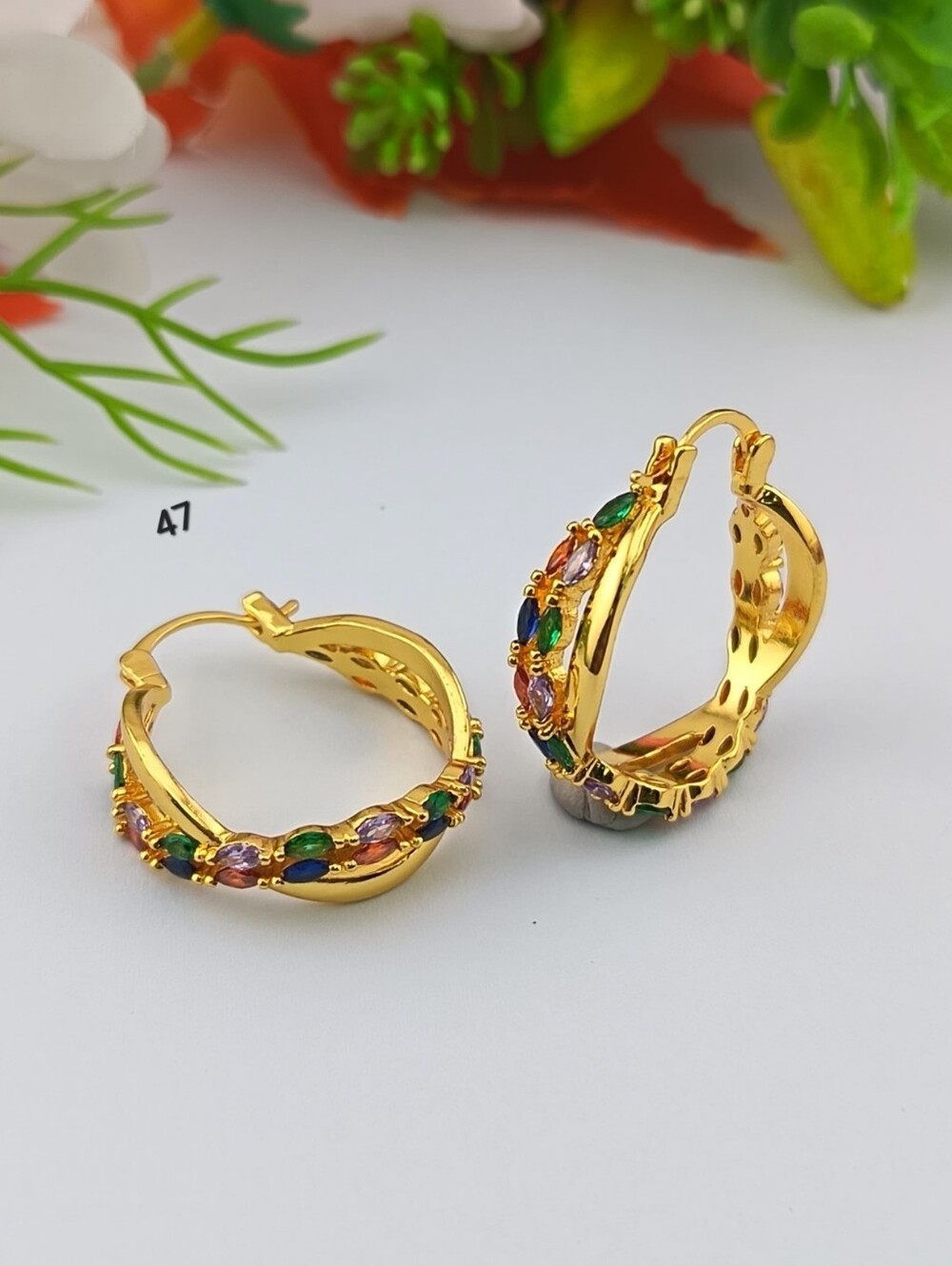 Gold-Tone Multi-Stone Hoop Earrings - Women Jewelry